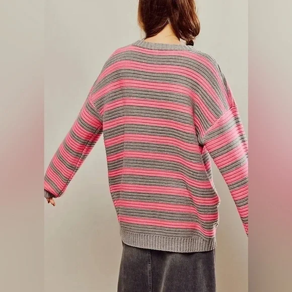 NWOT Free People, Links Pullover, Pink/Gray Stripes - Picture 5 of 8